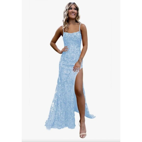 Light Blue Spaghetti Strap Square Neck Prom Homecoming Long Dress Slit Size S - Picture 1 of 8